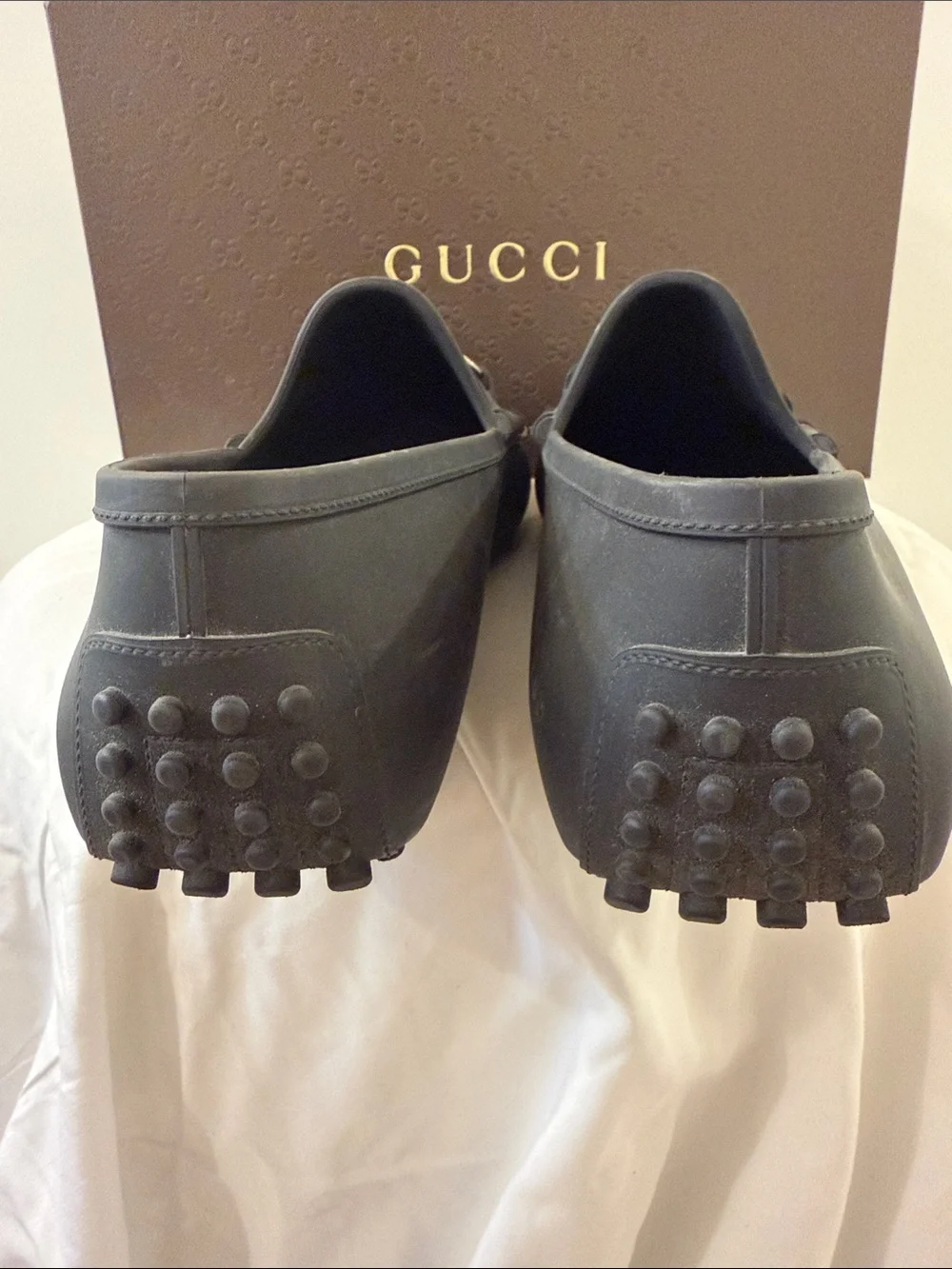 Gucci Black Leather Horsebit Slip-On Loafers. Waterproof! Rubber! Very unique!